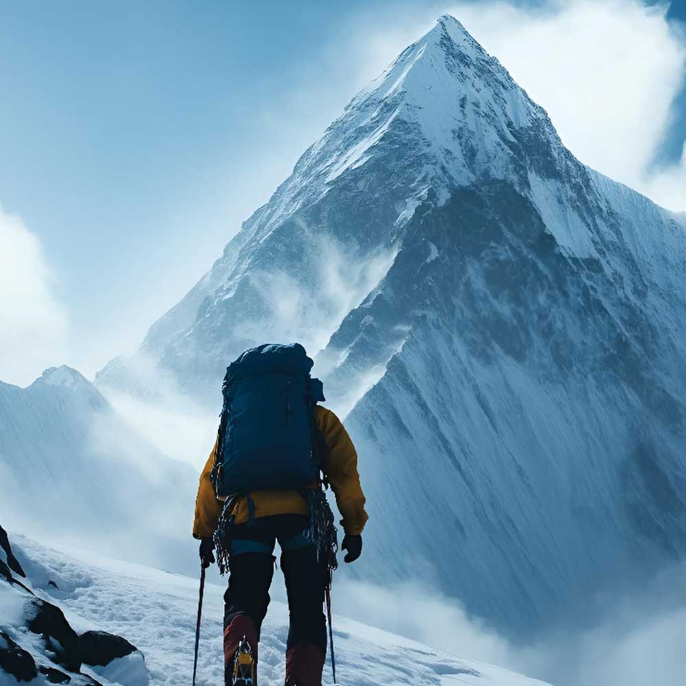 Overcome Challenges Like A Hiker Climping A Steep Snow Capped Mountain